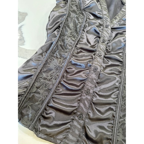 Gray Satin Lace Ruched Button Up Blouse Cap Sleeve Goth Steampunk S - Picture 2 of 6